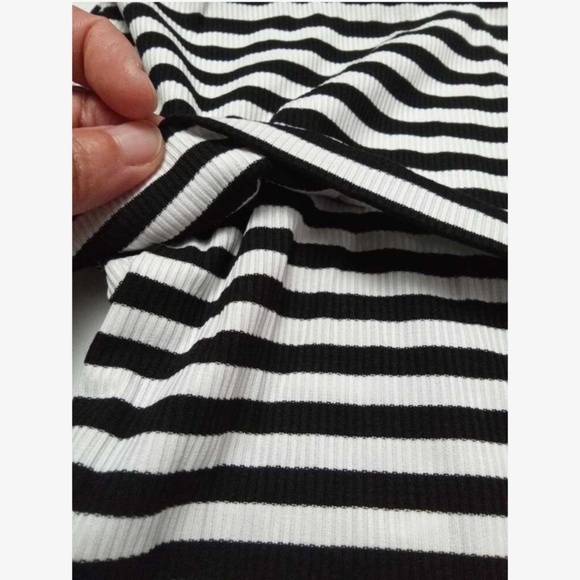 Striped Black White Rib Knit Fold Over Off Shoulder Slim Top Shirt - Picture 13 of 15